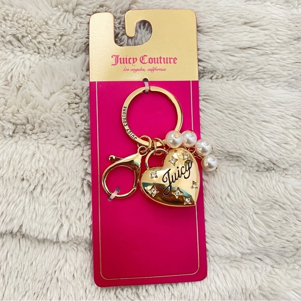 Juicy Couture Gold Heart Purse Keychain with Pearl Charms New